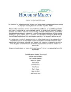 letter text from Williamsburg House of Mercy with logo on top and text in black below